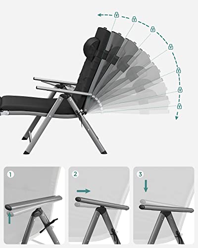 Foldable Sun Lounger, Sunbed with 6 cm Mattress, Removable Headrest, Rustproof Aluminium, Breathable, Comfortable, Reclinable, Max. Load Capacity 150 kg, Black