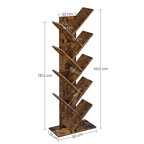 Tree Bookshelf, 8-Tier Floor Standing Bookcase, with Wooden Shelves for Living Room, Home Office, Rustic Brown