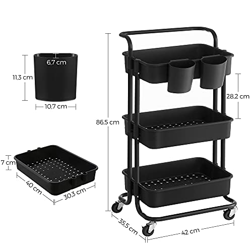 Rolling Cart, 3-Tier Storage Cart, Storage Trolley with Handle 2 Small Organisers, Steel Frame, Plastic Baskets, Utility Cart, Easy Assembly, for Bathroom Laundry Room, Black