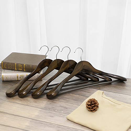 Suit Hangers, Solid Wood Hangers with Broad Ends Non-Slip Trouser Bar, Set of 6 for Outfits, Shirts, Coats, Jackets, Trousers, Pants, 360° Swivel Hook, Dark Walnut