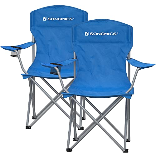 Set of 2 Folding Camping Chairs, Comfortable, Heavy Duty Structure, Max. Load Capacity 150 kg, with Cup Holder, Outdoor Chairs, Blue