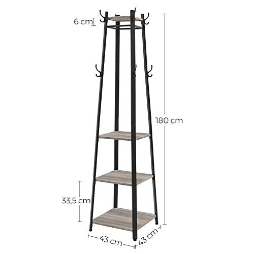 Coat Rack, Coat Stand with 3 Shelves, Ladder Shelf with Hooks for Scarves, Bags and Umbrellas, Steel Frame, Industrial Style, Greige and Black