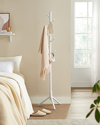 Standing Coat Rack, Solid Wood Coat Rack, Tree-Shaped Coat Rack with 8 Hooks, 3 Height Options, for Clothes, Hats, Bags, for Living Room, Bedroom, Home Office, White