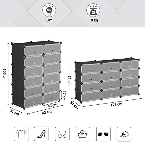 Interlocking Shoe Rack, Rectangular Storage Organiser, 12-Slot Modular DIY Storage Shelf Unit, 40 x 30 x 17 cm for Each Slot, Metal Wire Wardrobe, Black