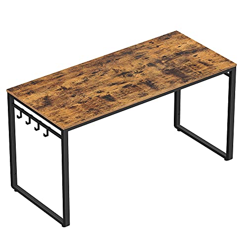 Computer Desk, Writing Desk, Home Office Desk with 8 Hooks, 140 x 60 x 75 cm, for Study and Bedroom, Easy Assembly, Steel, Industrial Design, Rustic Brown and Black