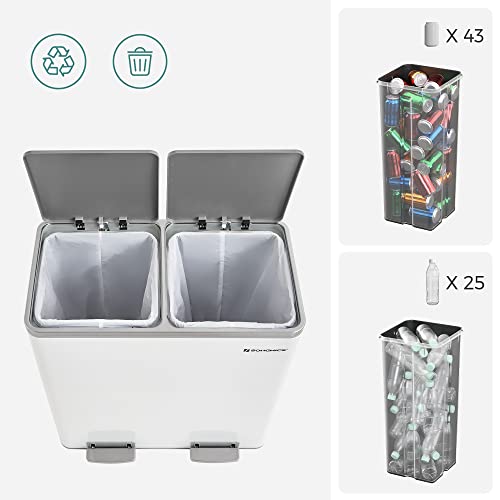 Double Rubbish Bin, 2 x 30 L Dual Compartment Kitchen Bin with 15 Rubbish Bags, Metal Pedal Bin with Plastic Inner Buckets and Lids, Soft Close, Odour Seal, White and Silver