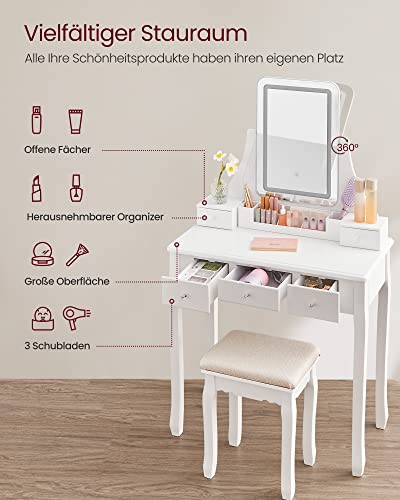 Dressing Table with LED Lighting in 3 Colours, Dressing Table with 360° Rotating Mirror, Cosmetic Table with Padded Stool, 5 Drawers, Removable Makeup Organiser, White