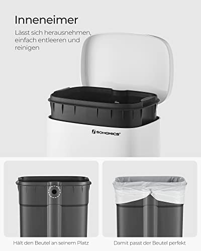 Kitchen Bin 30L, Pedal Bin, Rubbish Bin with Soft-Close Lid and Inner Bucket, Steel, White