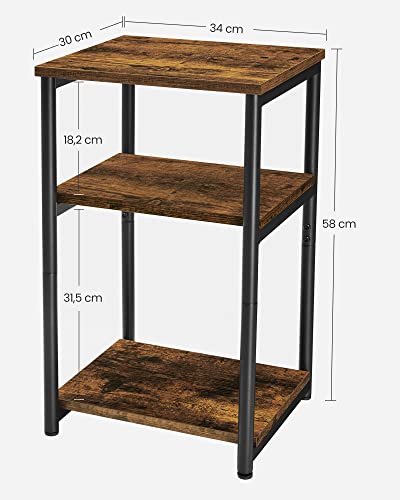 Side Table, Bedside Table, End Table with 2 Storage Shelves, Slim Tall Table, Steel Frame, for Living Room, Sitting Room, Bedroom, Industrial, Rustic Brown and Black