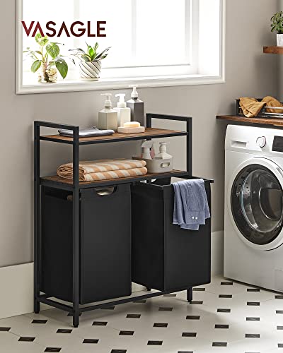 Laundry Basket, Laundry Hamper, Laundry Sorter with 2 Pull-Out and Removable Bags, 2 Storage Shelves, 46L Capacity per Bag, for Bathroom, Laundry Room, Rustic Brown and Black