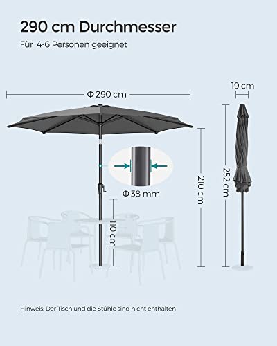 290 cm Garden Parasol Umbrella, UPF 50+, Sun Shade, 30° Tilt in 2 Directions, Crank Handle for Opening and Closing, for Outdoor Gardens Pool Balcony Patio, Base Not Included, Grey