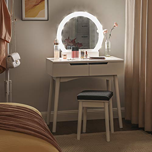 Makeup Vanity Set with 10 Light Bulbs and Touch Switch, Dressing Makeup Table Desk with Large Round Mirror, 2 Sliding Drawers, 1 Cushioned Stool, White U