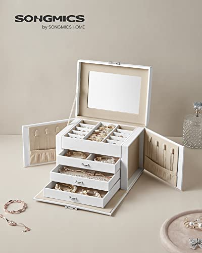 Jewellery Box, Jewellery Organiser 4 Levels, Lockable Jewellery Storage Case with Trays, Velvet Lining, White