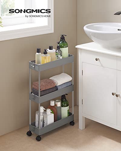 3-Tier Storage Trolley, Kitchen Trolley on Wheels, Narrow Trolley for Kitchen Bathroom Office or Small Spaces, 42 x 13.5 x 61 cm, Grey