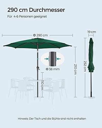 290 cm Garden Parasol Umbrella, UPF 50+, Sun Shade, 30° Tilt in 2 Directions, Crank Handle for Opening and Closing, for Outdoor Gardens Pool Balcony Patio, Base Not Included, Green