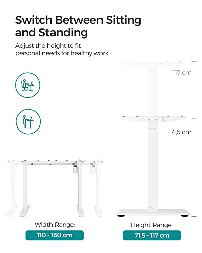 Height-adjustable electric desk, table frame, desk stand, without table top, with hook, infinitely adjustable, memory function, steel, white