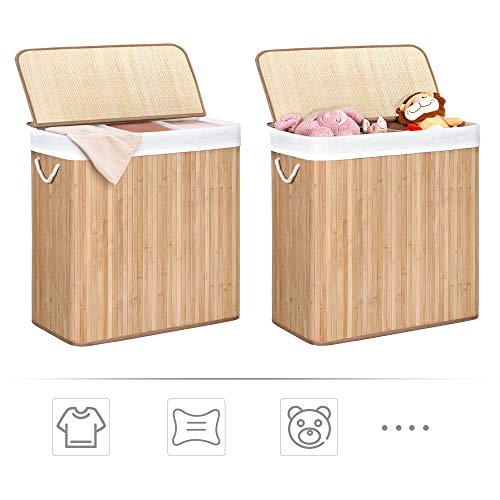 Laundry Hamper Basket with 3 Sections, Clip-on Lid and Handles, 150L Foldable, for Laundry Room, Bedroom, Bathroom, Natural