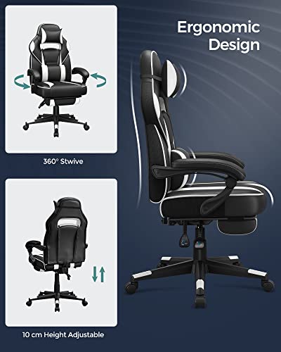 Racing Gaming Chair, Adjustable Office Chair with Footrest, Ergonomic Design, Tilt Mechanism, Headrest, Lumbar Support, 150 kg Weight Capacity, Black and White