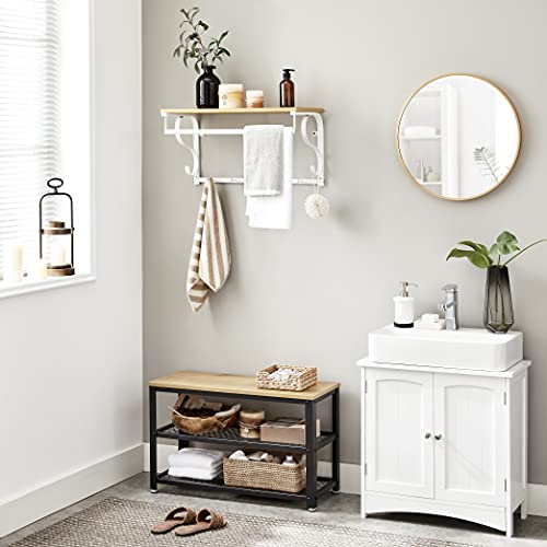 Coat Rack Shelf Wall Mounted, Hook Rack Shelf with 5 Hooks and Hanging Rail, for Entryway, Hallway, Bathroom, Living Room, Oak, White