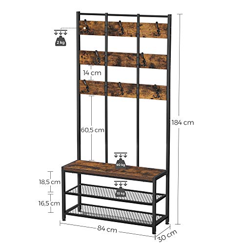 Coat Rack Free Standing, Entryway Organiser, with 8 Dual Hooks and Shoe Bench, 2 Mesh Shelves, for Bedroom, Steel Frame, Industrial, Rustic Brown and Black