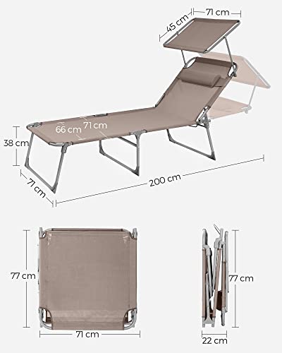 Lounger, Sunbed, Large Reclining Sun Chair, 71 x 200 x 38 cm, Load Capacity 150 kg, with Headrest, Reclining Backrest, Sunshade, Foldable, for Garden, Taupe Colour