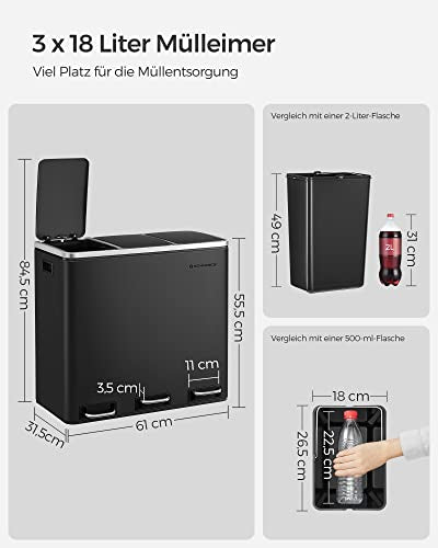 Recycling Bin, 3 x 18 L Triple Kitchen Bin, 3 Compartment Pedal Bin with Soft-Close Lids, Plastic Inner Buckets, and Handles, Black