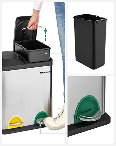 Recycle Bin, 30-Litre Waste Separation System, 2 x 15L Rubbish Bin, with Inner Buckets, Colour-Coded Pedals, for Kitchen, Living Room, Silver and Black