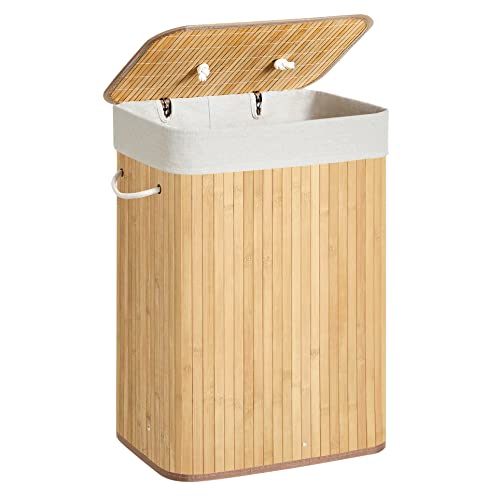 Bamboo Laundry Basket, XL Foldable Storage Hamper with Removable Washable Lining, 72L, 40 x 30 x 60 cm, Natural