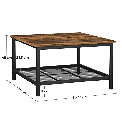 Coffee Table, Square Cocktail Table with Spacious Table Top, Robust Steel Frame and Mesh Storage Shelf, Industrial Style, for Living Room, Rustic Brown and Black