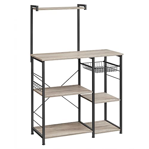 Baker’s Rack with Shelves, Microwave Stand with Wire Basket, 6 S-Hooks, Kitchen Shelf, Utility Storage for Spices, Pots, and Pans, Greige and Black