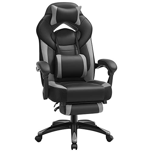 Gaming Chair, Office Racing Chair with Footrest, Ergonomic Design, Adjustable Headrest, Lumbar Support, 150 kg Weight Capacity, Black and Grey