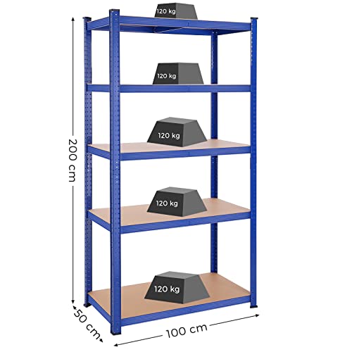 5-Tier Shelving Unit, Steel Shelving Unit for Storage, Tool-Free Assembly, for Garage, Shed, Load Capacity 600 kg, 50 x 100 x 200 cm, Blue