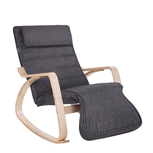 Rocking Chair with 5-Way Adjustable Footrest, Lounger, Maximum Load 150 kg, Birch Wood Frame, Faux Linen, Dark Grey