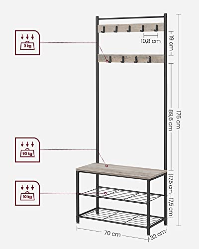 Coat Rack, Coat Stand with Shoe Storage Bench, Hall Tree with Shoe Rack, 3-in-1 Design, Steel Frame, for Hallway, Entrance, 32 x 70 x 175 cm, Industrial, Greige and Black