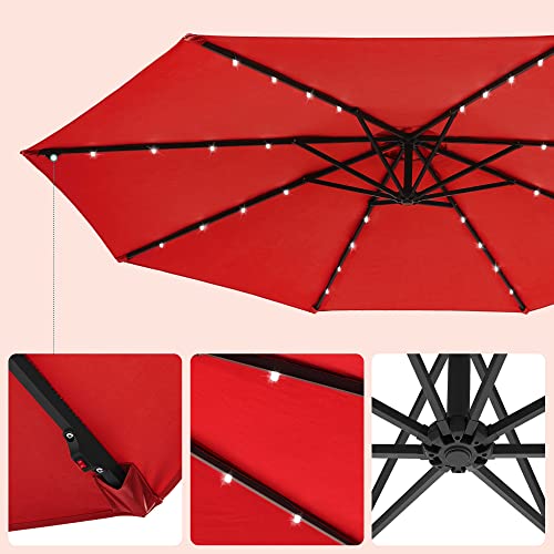 Cantilever Garden Patio Parasol with Solar-Powered LED Lights, 3 m Offset Parasol with Base, UPF 50+ Banana Hanging Umbrella, Crank for Opening Closing, Red