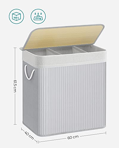 Laundry Hamper Basket with 3 Sections, Clip-on Lid and Handles, 150L Foldable, for Laundry Room, Bedroom, Bathroom, Grey