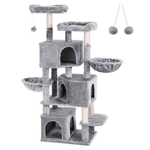 Large Cat Tree with 3 Cat Caves, 164 cm Cat Tower, Light Grey