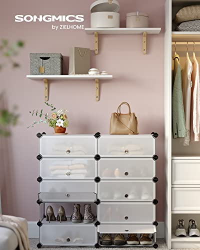 Interlocking Shoe Rack, Rectangular Storage Organiser, 10 Slot Modular DIY Storage Shelf Unit, 40 x 30 x 17 cm for Each Slot, Plastic Wardrobe with Doors, White