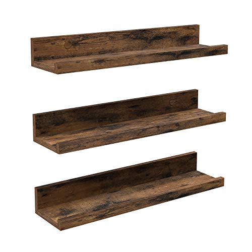 Floating Shelves, Set of 3 Wooden Wall Shelves, 38 cm Long, with Front Edge, for Trinkets, Spice Jars, Framed Pictures, Rustic Brown