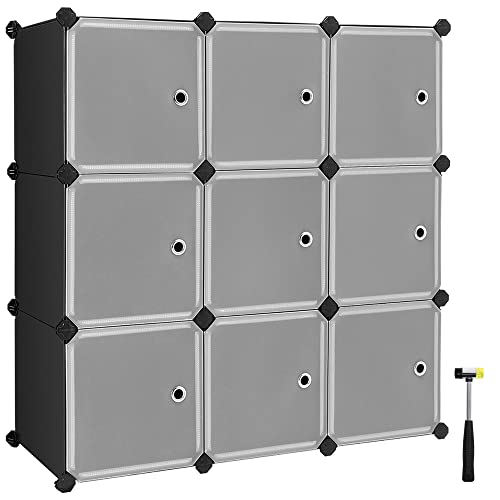 9-Cube Storage Organiser Unit, Plastic Closet with Doors, Modular Cabinet for Clothes, Shoes, Toys, Books, Easy to Assemble, Black