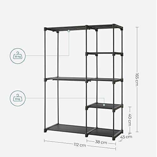 Freestanding Wardrobe, Foldable Closet, Coat Rack with Clothes Rails, Clothes Rack, Open Storage Wardrobe, Storage Organiser, Cloakroom, Bedroom, Study 112 x 43 x 165 cm, Black