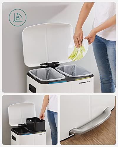 Double Rubbish Bin, 2 x 20 L Kitchen Bin, Dual Compartment Metal Step Bin, with Plastic Inner Buckets, Soft-Close Lids, and Handles, Odour Seal, White