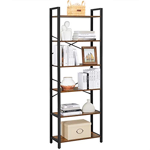 Bookshelf, 6-Tier Shelving Unit with Steel Frame, Tall Rustic Shelves for Living Room, Office, Study, Hallway, Industrial Style, 66 x 30 x 186 cm, Rustic Brown and Black