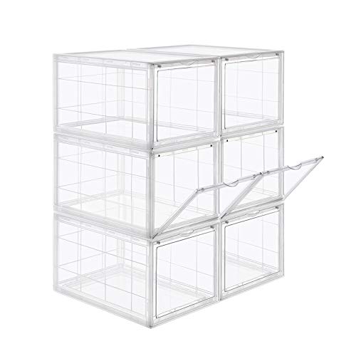 Shoe Box, Stackable Shoe Organiser, Plastic Shoe Storage with Clear Door, Easy to Assemble, Set of 6, 28 x 36 x 22 cm, Sizes up to UK 11, Transparent