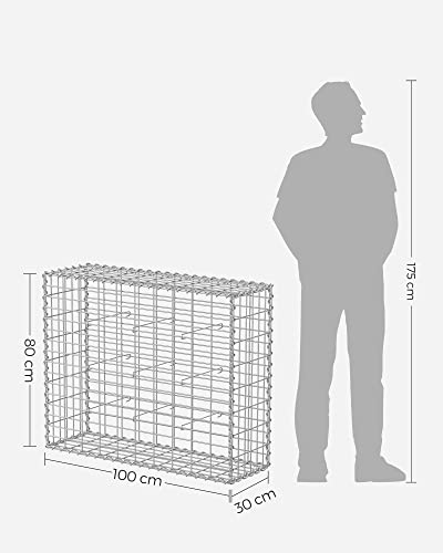 Gabion Basket, Metal Gabion Cage with 5 x 10 cm Mesh for Stones, Galvanised, Garden Decor Wall Partition, 100 x 80 x 30 cm, Silver