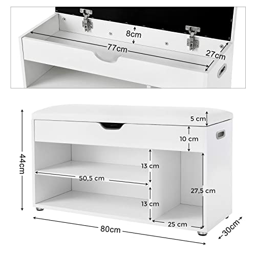 Wooden Shoe Bench, Paaed Storage Seat, Hallway Cabinet with 2 Shelves and a Hidden Chest, White