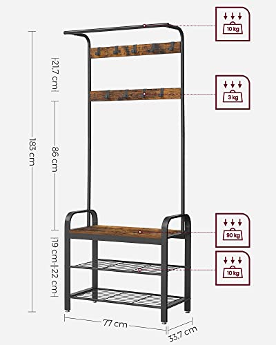 Coat Rack, Coat Stand with Shoe Storage Bench, 4-in-1 Design, with 9 Removable Hooks, a Clothes Rail, for Hallway, Entrance, 33.7 x 77 x 183 cm, Industrial, Rustic Brown and Black