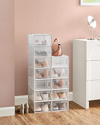 Shoe Boxes, Pack of 12 Stackable Shoe Storage Organisers, Foldable and Versatile for Sneakers, Fit up to UK Size 10.5, Transparent and White