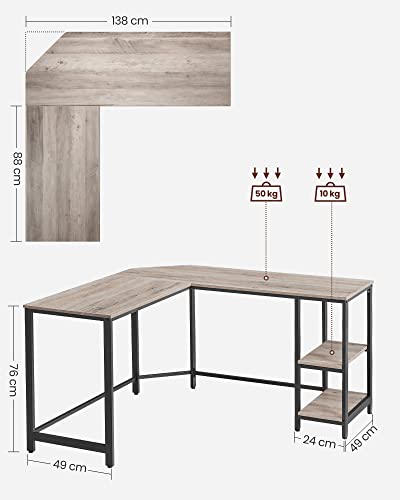 Computer Desk, L-Shaped Corner Desk, Workstation with Shelves for Home Office, Space-Saving, Easy to Assemble, Industrial, Greige and Black