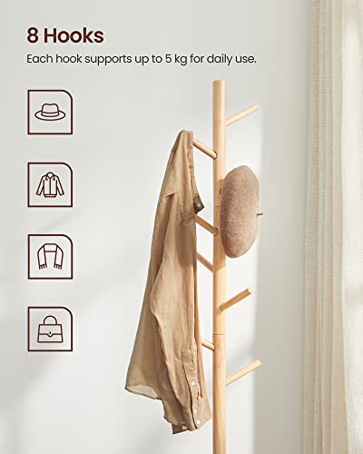 Standing Coat Rack, Solid Wood Coat Rack, Tree-Shaped Coat Rack with 8 Hooks, 3 Height Options, for Clothes, Hats, Bags, for Living Room, Bedroom, Home Office, Natural